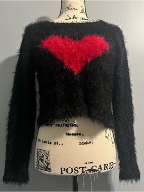 Say What? Black Fuzzy Cropped Sweater with Red Heart